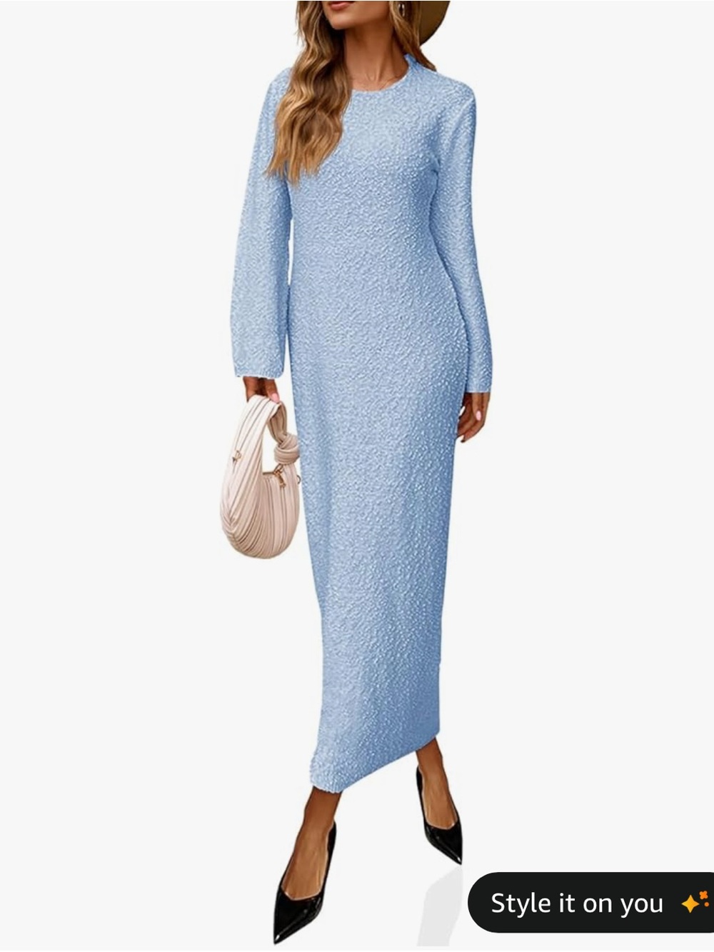 Light Blue Textured Long Sleeve Women's Dress